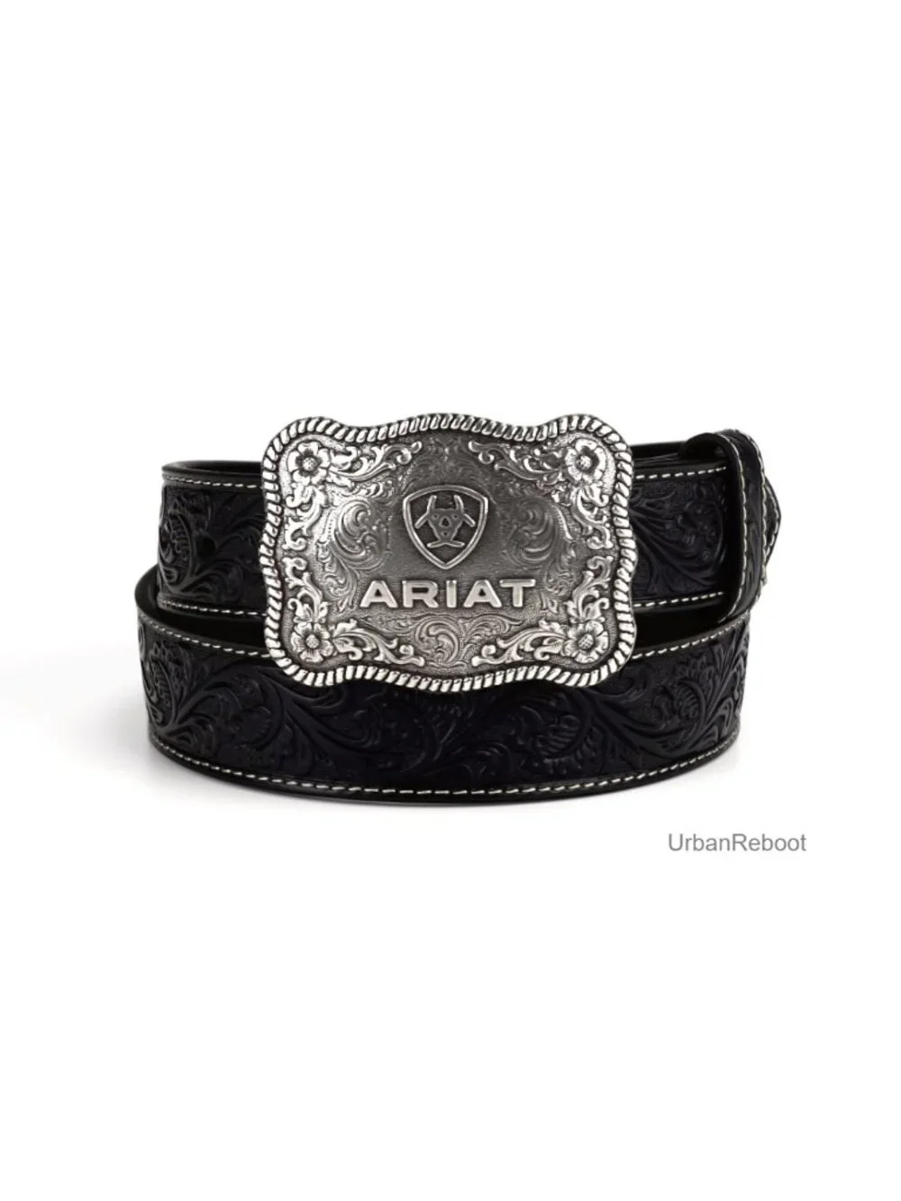 Floral Embossed Leather Belt with Antiqued Silver Buckle Western